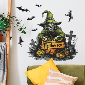 Halloween wall stickers featuring a witch, pumpkin, and bats for home wall decoration