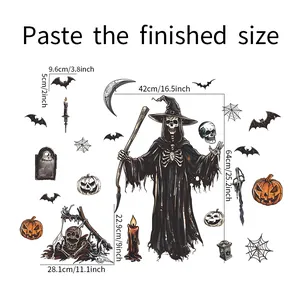 Tableau des tailles pour stickers Halloween montrant les dimensions du sorcier et citrouille