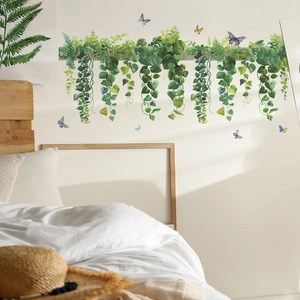 Nature wall sticker featuring green hanging plants and colorful butterflies for bedroom decor