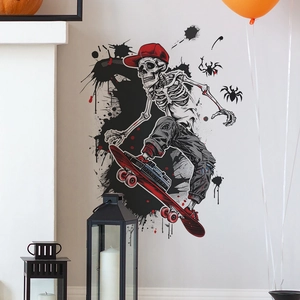 Detail of street graffiti wall decal with skull skater and splashing ink decor