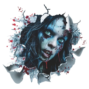 Halloween 3D wall sticker featuring a spooky zombie girl breaking through a cracked wall