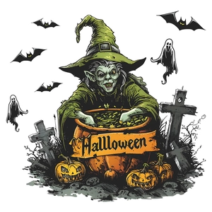 Halloween wall sticker featuring a witch brewing potion with pumpkins, ghosts and bats
