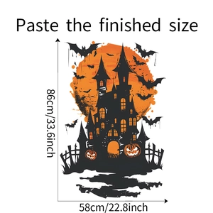 Detailed size chart of Halloween black castle wall decal with 86cm x 58cm dimensions