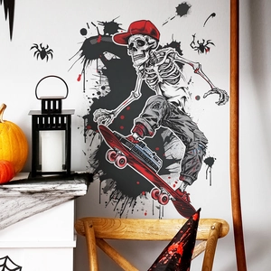 Halloween skull skateboarder wall decal sticker with red hat and ink splash for home decor