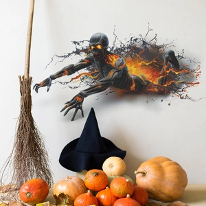 Halloween 3D broken wall zombie wall sticker with glowing orange fire and pumpkin decor