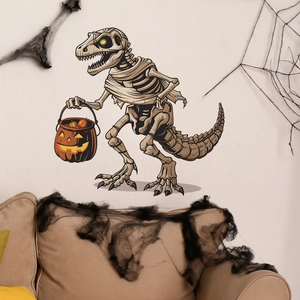 Halloween cartoon dinosaur skeleton wall sticker with pumpkin bucket for home decoration