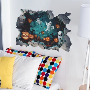 3D Halloween wall decal featuring pumpkins and ghosts breaking through a white wall
