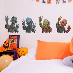 Detailed view of cartoon zombie wall stickers in a decorated Halloween bedroom scene
