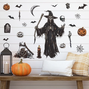 Stickers muraux Halloween avec faucheuse, citrouilles et chauves-souris sur mur blanc