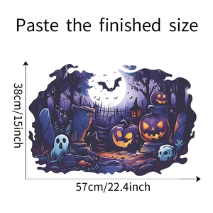 Halloween wall sticker size guide showing finished dimensions of 57x38cm with pumpkin motif