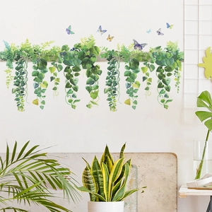 Nature style wall sticker with green vine leaves and colorful butterflies for home decor