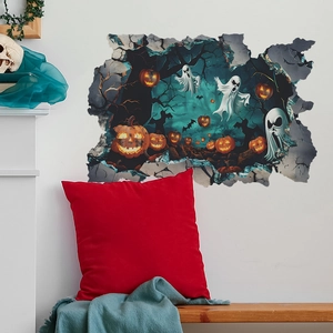 3D wall sticker detail showing glowing pumpkins and ghosts through a cracked wall effect