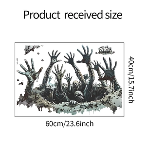 Detail showing the 60x40cm sheet layout of Halloween wall decals with zombie hand design