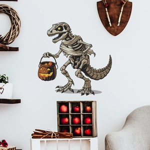 Detail showing a dinosaur skeleton wall sticker with mummy bandages and a pumpkin lantern