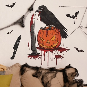 Halloween wall sticker set featuring crows, bloody pumpkins, and bats for home decor