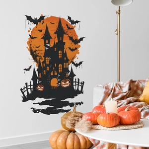 Halloween wall sticker featuring a black castle, orange moon, and bats for home decor
