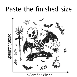 Detail view of the Halloween skull wall sticker set with 58cm dimensions and bat elements