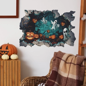 3D Halloween wall decals featuring pumpkins and ghosts breaking through a white wall