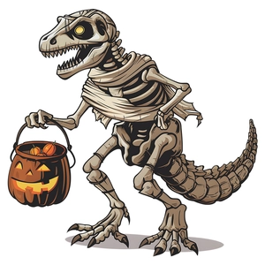 Cartoon T-Rex mummy skeleton wall sticker with glowing pumpkin lantern for kids room decor