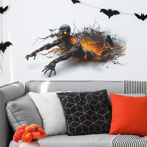 3D Halloween wall sticker featuring a fiery skull monster in a modern living room