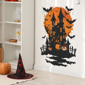 Halloween wall sticker featuring black castle, bats, pumpkins, and a large orange moon