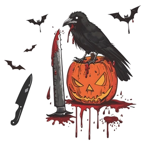 Halloween wall sticker with crow on pumpkin, bloody knife and bats for home decor