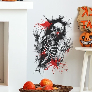 3D Halloween wall decal featuring a skull breaking through the wall with bloodstains