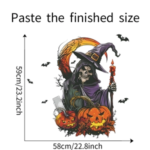 Detailed dimensions of Halloween wall sticker with Grim Reaper, pumpkins, and bats