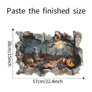 Vue détaillée du sticker mural Halloween 3D de 57x38cm montrant un fantôme et une citrouille