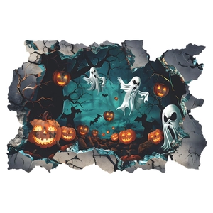3D Halloween wall decal featuring glowing pumpkins, ghosts and bats with cracked wall effect