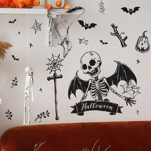 Black Halloween skull wall stickers with bats and pumpkin decals on white background