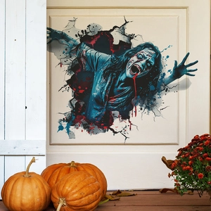 Creepy zombie woman wall decal breaking through a cracked wall for Halloween home decor