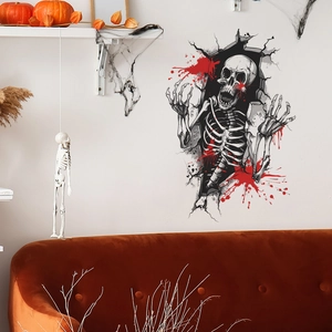 Close-up of a realistic Halloween skull wall sticker with bloody effects on a PVC decal