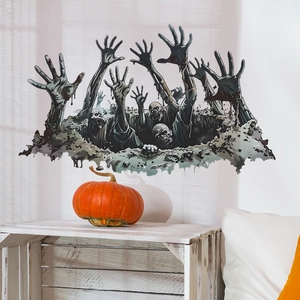 Halloween 3D zombie wall sticker showing undead hands and faces breaking through white walls