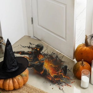 3D Halloween floor decal showing a lava zombie climbing out of a broken ground crack