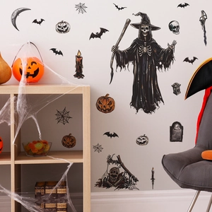 Stickers muraux Halloween avec faucheuse, chauves-souris et citrouilles sur mur blanc