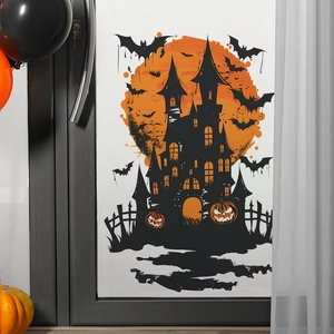 Halloween window sticker featuring a black castle, bats, and orange moon on glass door