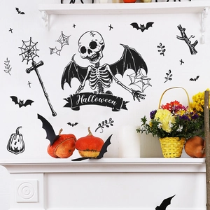 Halloween wall sticker set featuring winged skulls and bats for home holiday decoration