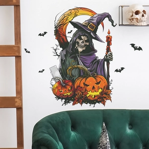 Detailed Halloween wall decal featuring a purple cloaked witch, pumpkins and bats on a wall