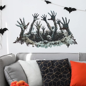 Detailed view of 3D Halloween wall decals showing zombies emerging from cracked ground