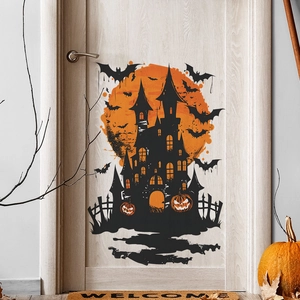 Detailed Halloween door decal with black gothic castle, orange moon, and glowing pumpkins
