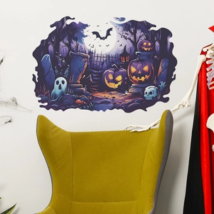 Halloween wall decals featuring glowing pumpkins, ghosts, and bats in a spooky night scene