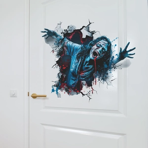 3D Halloween zombie wall sticker with creepy ghost bursting through a white door