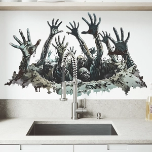 Halloween zombie hands wall decal sticker showing undead hands rising from cracked kitchen floor