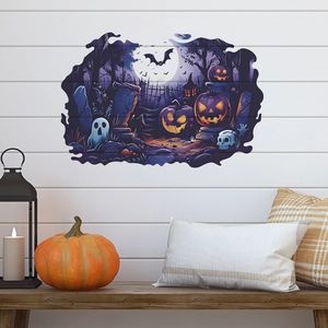 Halloween pumpkin and bat wall stickers for bedroom decor with midnight forest scene