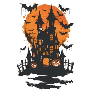 Halloween wall sticker with black castle, orange moon, bats and pumpkins on white background