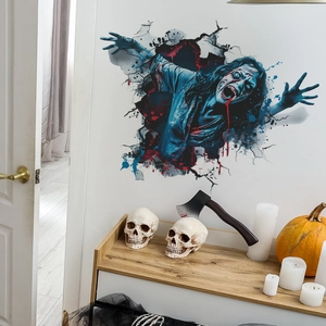 Detail of 3D Halloween wall sticker showing a scary ghost zombie breaking through the wall