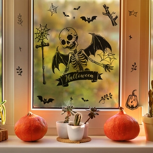 Halloween Winged Skull Wall Stickers PVC Self Adhesive Window Decals Bats Spider Web Gothic Party Home Decor