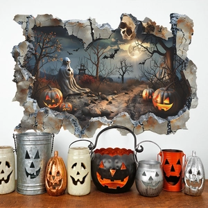 Sticker mural 3D détaillé avec citrouille d'Halloween, chauves-souris et fantômes sur mur