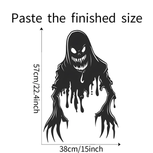 Detailed dimension guide showing 57x38cm size for black ghost Halloween wall stickers